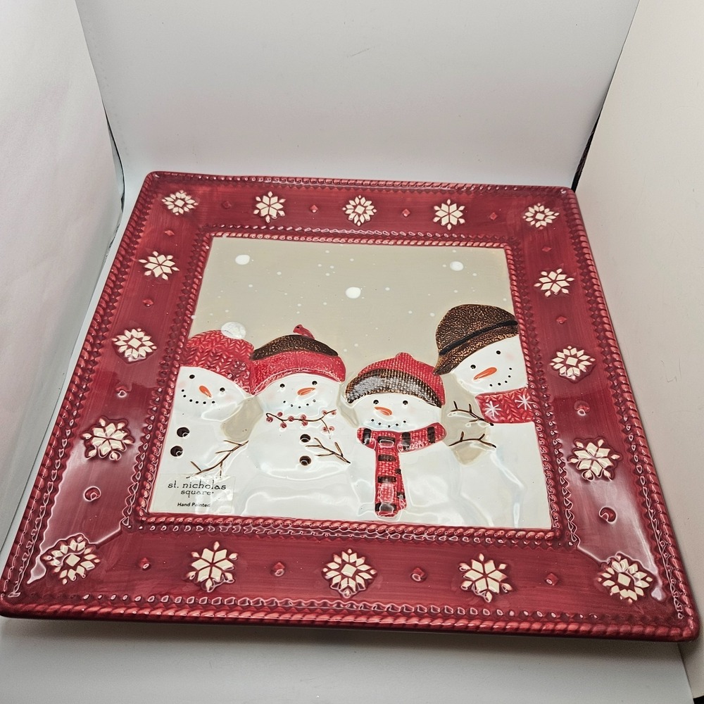 St. Nicholas Square Warm Wishes Snowman Square Serving Plate Hand Painted